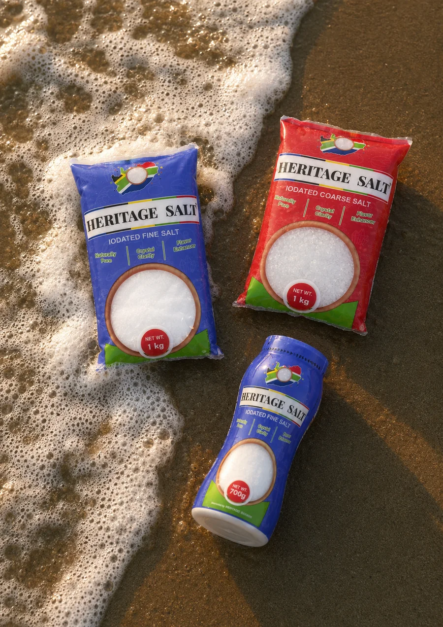 Heritage Salt Fine Salt, Coarse Salt and Fine Salt bottle at the shoreline